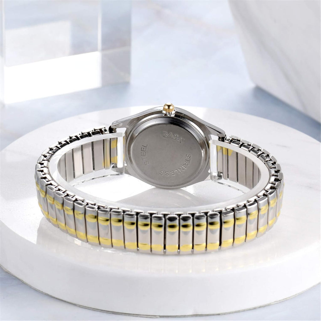 Jewelrywe Women'S Ultra Thin Easy Reader Watch With Elastic Strap Golden/Silver Tone Stretch Band Watches For Daily And Office