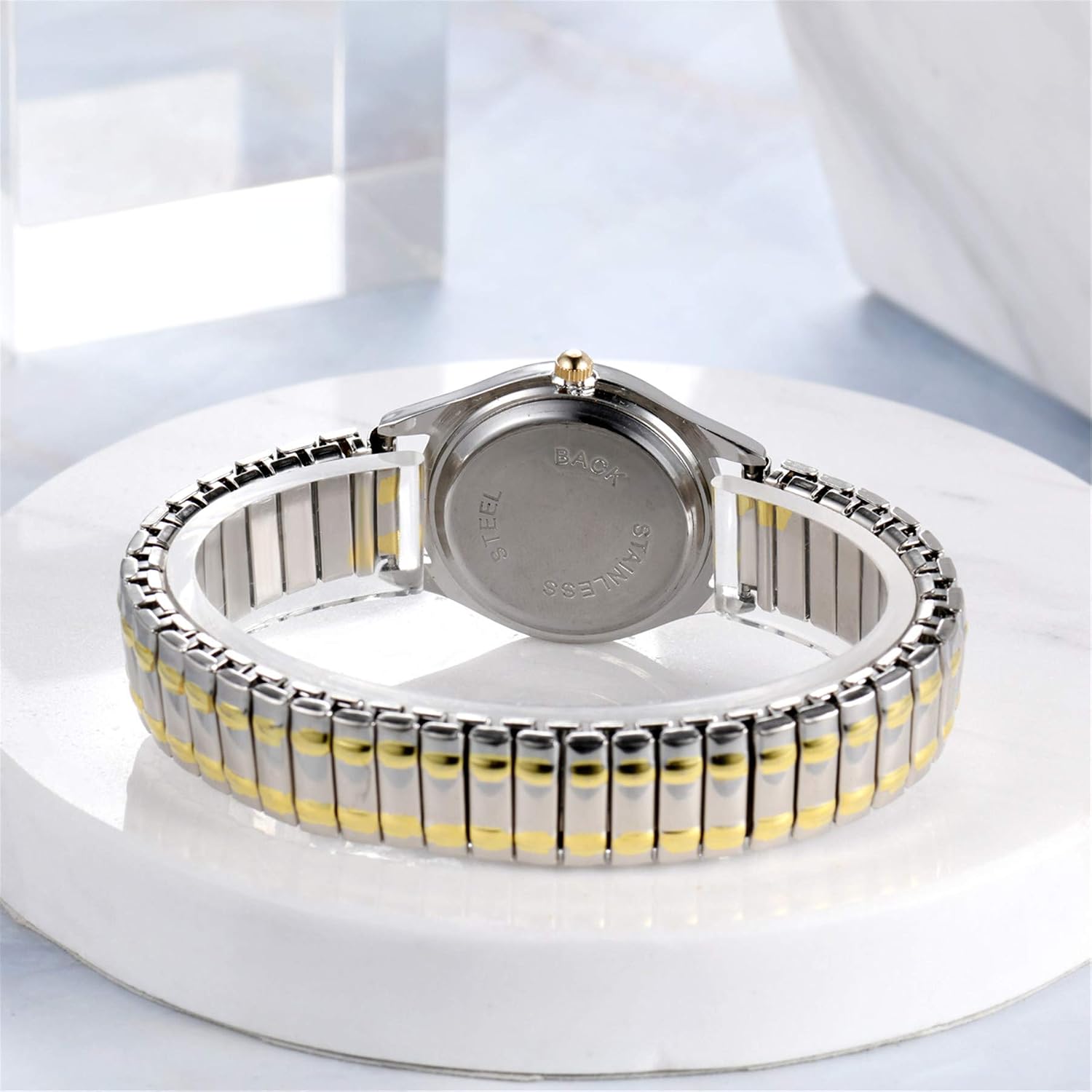 Jewelrywe Women'S Ultra Thin Easy Reader Watch With Elastic Strap Golden/Silver Tone Stretch Band Watches For Daily And Office