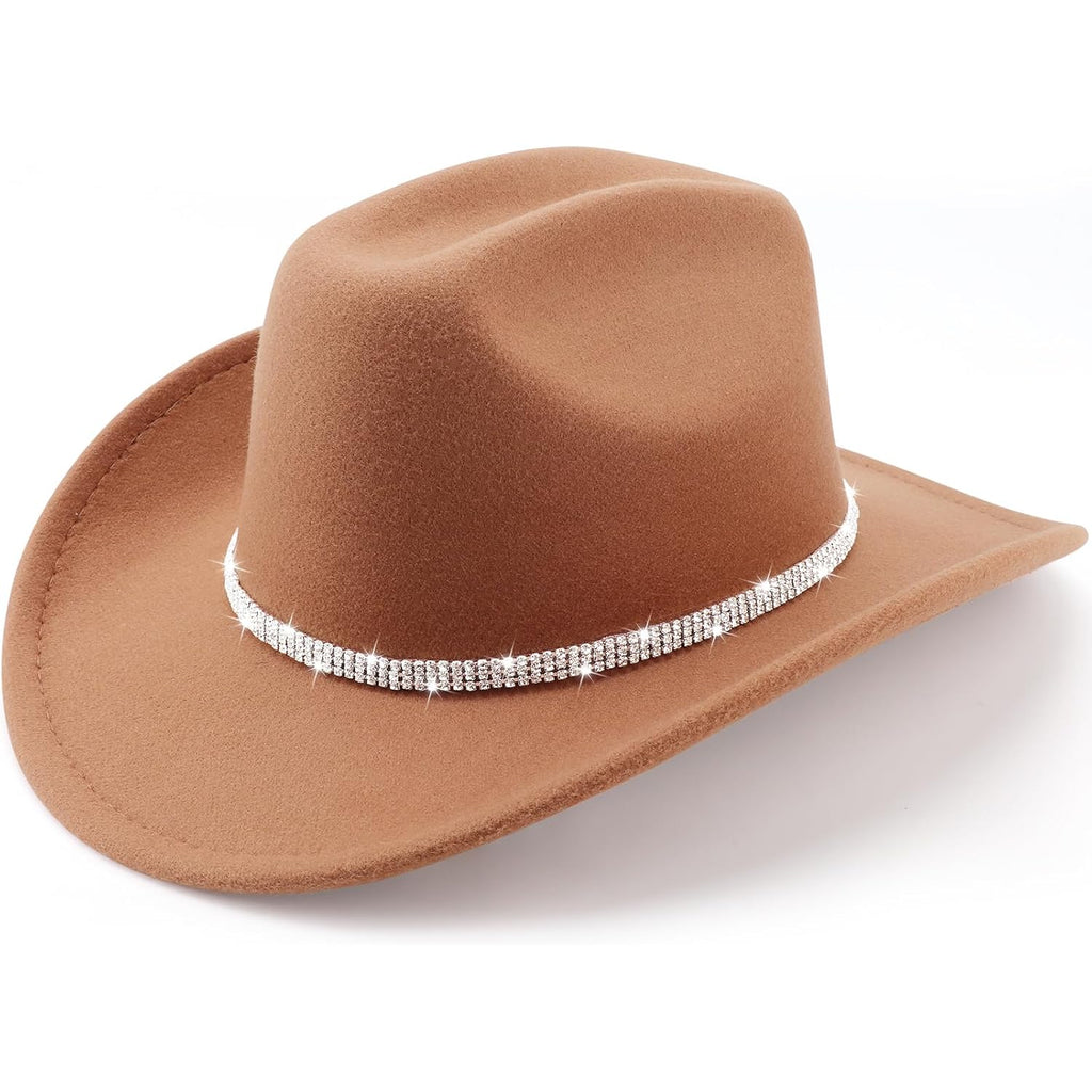 Western Cowboy Hats for Women Classic Felt Wide Brim Fedora Hat with Belt Buckle Retro Panama Hat Unisex Rolled up Cap 1 Pack : Khaki With 3 Rhinestones Bands