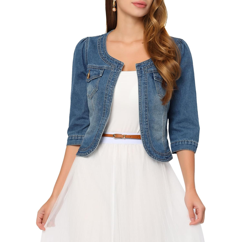 Allegra K Denim Jacket For Women'S Collarless 2025 Cardigan 3/4 Sleeve Crop Jean Jackets