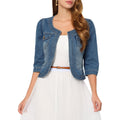 Allegra K Denim Jacket For Women'S Collarless 2025 Cardigan 3/4 Sleeve Crop Jean Jackets