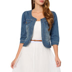 Allegra K Denim Jacket For Women'S Collarless 2025 Cardigan 3/4 Sleeve Crop Jean Jackets