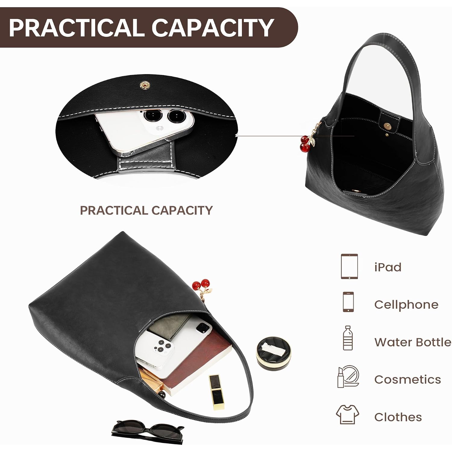 Slouchy Shoulder Bag Shoulder Purse With Cherry Charm Hobo Bags For Work Travel