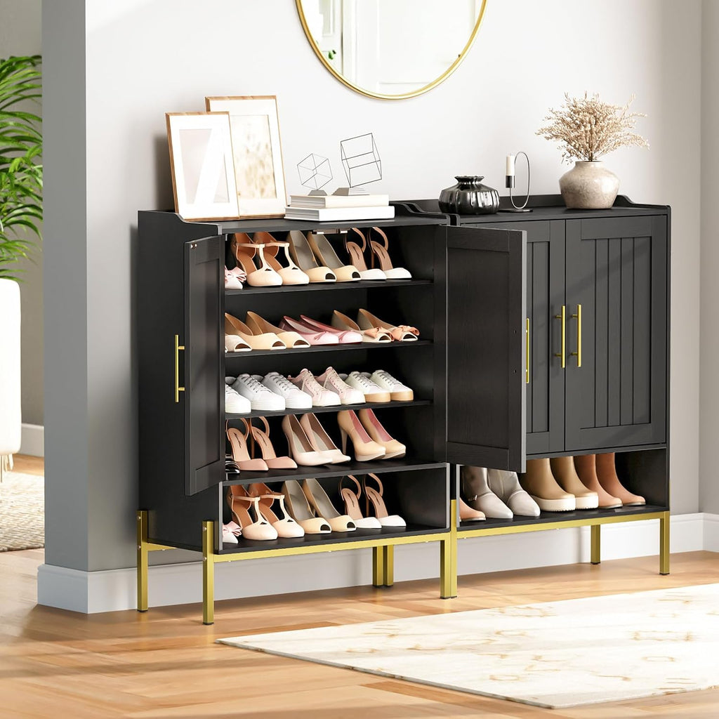 Hoobro Shoe Cabinet, 5-Tier Shoe Storage Organizer With Doors, Wooden Shoe Cabinet Storage For Entryway, Freestanding Shoe Rack Cabinet With 3 Adjustable Shelves For Hallway, Gold And Black Db41Sc01