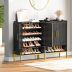 Hoobro Shoe Cabinet, 5-Tier Shoe Storage Organizer With Doors, Wooden Shoe Cabinet Storage For Entryway, Freestanding Shoe Rack Cabinet With 3 Adjustable Shelves For Hallway, Gold And Black Db41Sc01