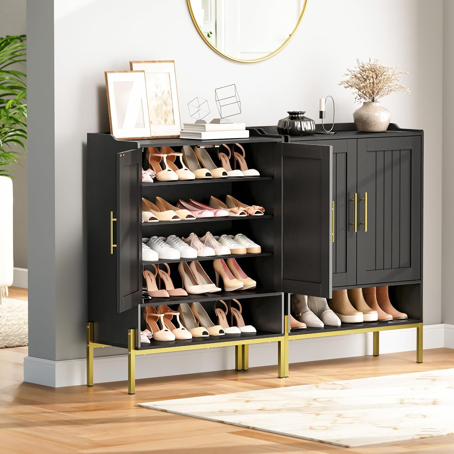 Hoobro Shoe Cabinet, 5-Tier Shoe Storage Organizer With Doors, Wooden Shoe Cabinet Storage For Entryway, Freestanding Shoe Rack Cabinet With 3 Adjustable Shelves For Hallway, Gold And Black Db41Sc01