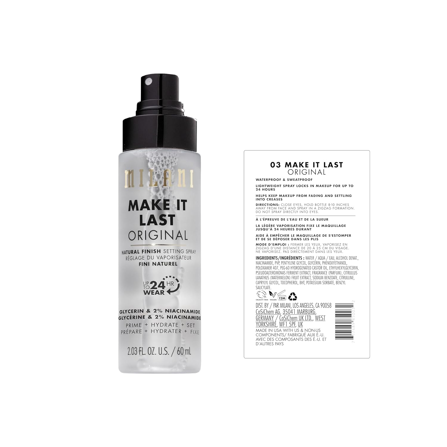 Milani Setting Spray + Primer, Make It Last Original - Natural Finish with Niacinamide for Hydration, Setting Spray for Makeup and Face Primer, 3-in-1 Prime + Hydrate + Set, 2.03 Fl. Oz
