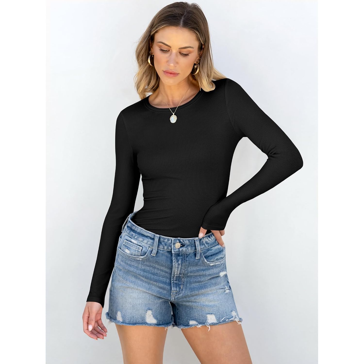Anrabess Women Long Sleeve Shirts Rib Knit Slim Fit Tops Basic Tee Spring Outfits Casual T-Shirt Underscrubs Layer Clothes