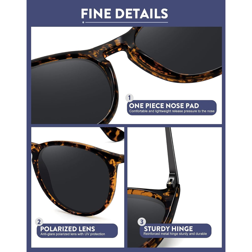 WOWSUN Retro Polarized Sunglasses Womens Trendy Round Classic Glasses 3 Pack: Black+brown Lens Leopard Frame+black Lens Leopard Frame