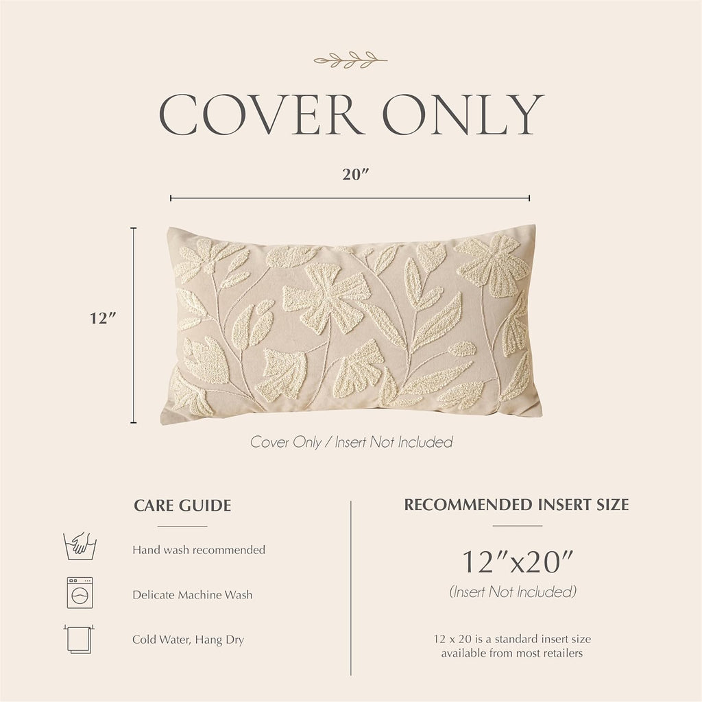Decorative Lumbar Pillow Cover 12X20, Beige Neutral Accent Velvet Throw Pillowcase For Couch Sofa Living Room, Floral Tufted Rectangular Cushion, Cover Only