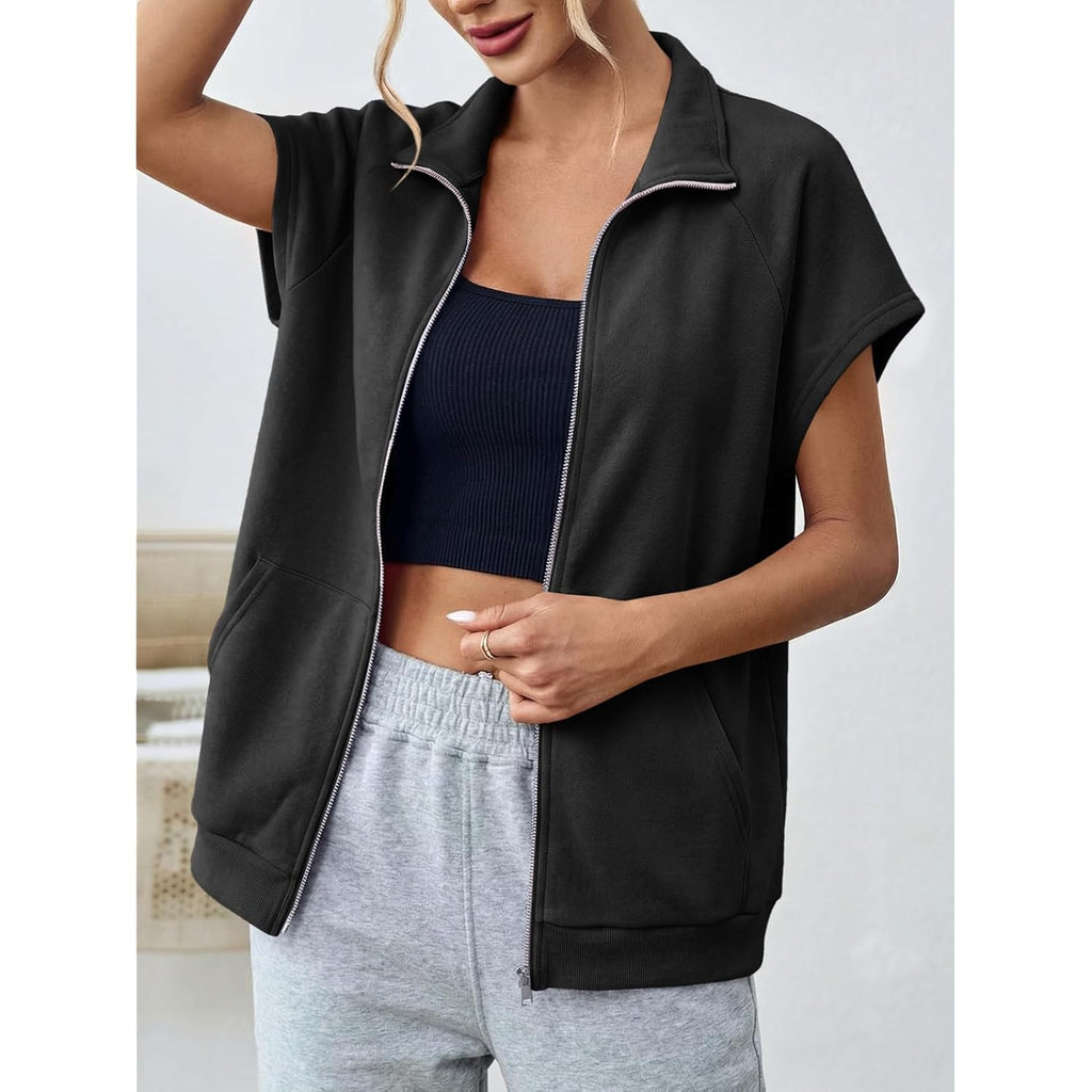 Women's Zip Up Sweatshirts Sleeveless Oversized Casual Solid Color Sweatshirt with pockets