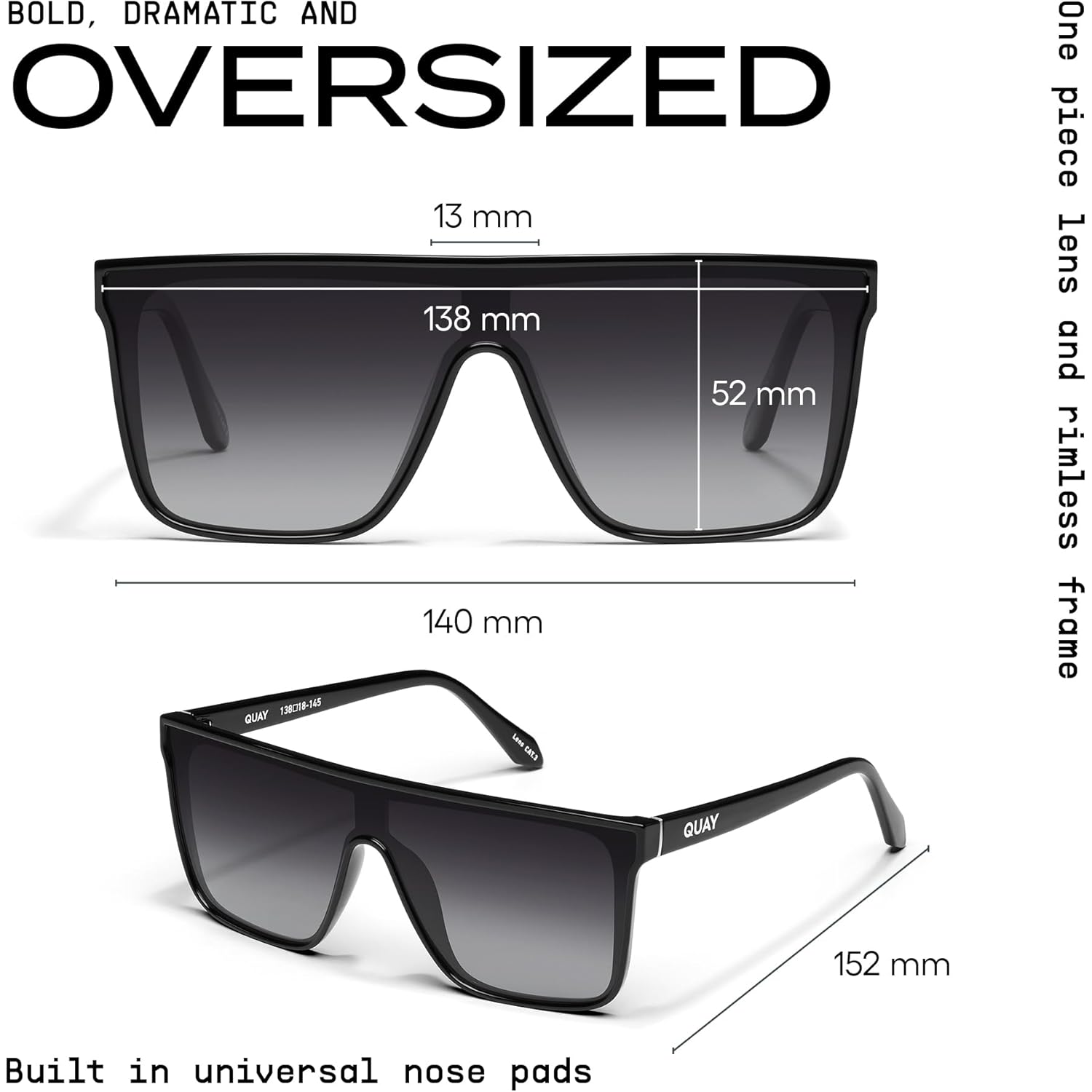 QUAY Oversized Nightfall Medium Non-Polarized Shield Sunglasses for Men & Women, Unisex Shades with UV-Protected Lenses