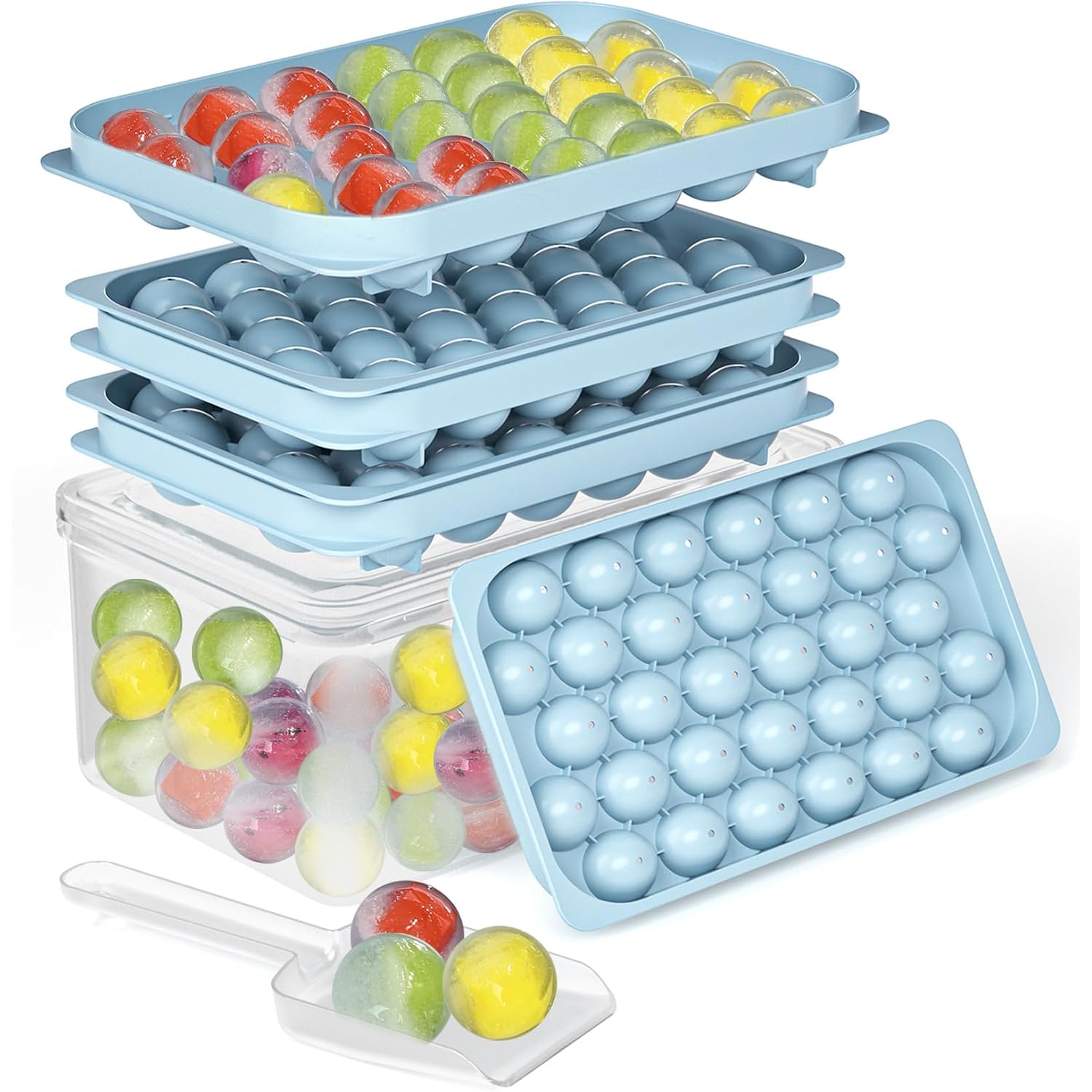 Ice Cube Trays With Lid And Bin, Bpa-Free Mini 0.8 Inch Sphere Ice Molds, 2-Pack Small Round Ice Ball Trays, Easy Release, Includes Scoop & Ice Storage Box For Cocktails, Coffee