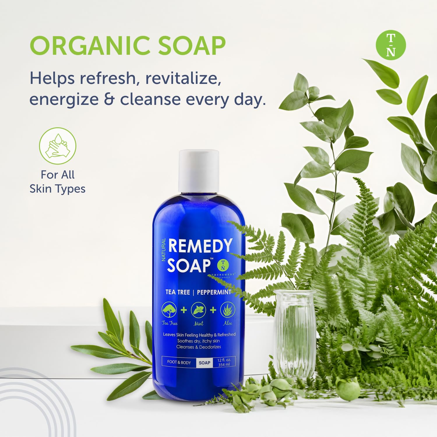 Truremedy Naturals 12 oz Tea Tree Oil Body Wash - Invigorating Tea Tree Soap with Peppermint, Aloe, Eucalyptus, Coconut and Olive Oil - Refreshing Body Wash for Men and Women - Shower Gel Cleanser