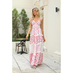 Abyovrt Women Floral Maxi Dress Spaghetti Straps V Neck Patchwork Flowy Boho Sundress Tiered Long Dresses
