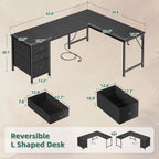 Furologee 63" L Shaped Desk With Power Outlets & Usb-C Port, Reversible Corner Computer Desk With 3 Fabric Drawers, Hooks, Large Home Office Desk For Gaming, Writing, Work, Black