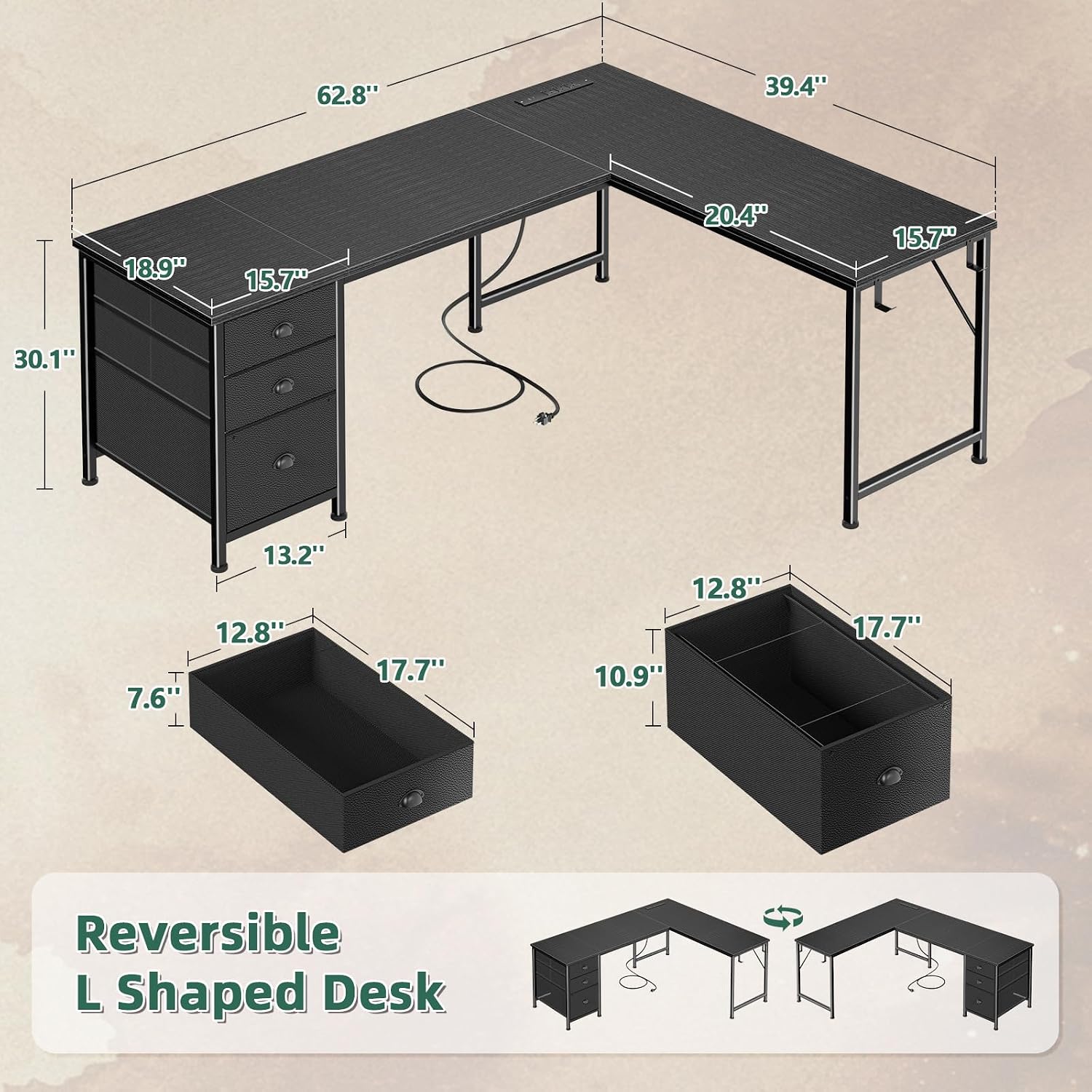 Furologee 63" L Shaped Desk With Power Outlets & Usb-C Port, Reversible Corner Computer Desk With 3 Fabric Drawers, Hooks, Large Home Office Desk For Gaming, Writing, Work, Black