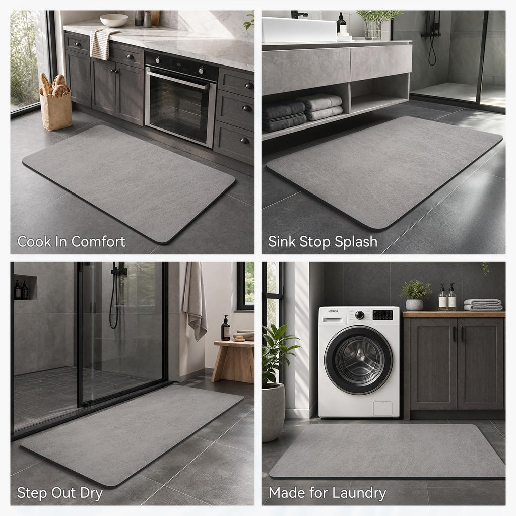 Montvoo -Bath Mat-Rubber Backing Non Slipthin Bathroom Rugs Fit Under Door- Quick Dry Absorbent Faux Suede Surface Grey Bathroom Floor Mats-Shower Rug For In Front Of Bathtub Shower Gray 16X24