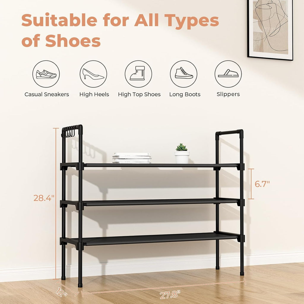 3 Tier Shoe Rack For Closet, Shoe Organizer With 5 Hooks, Long Shoe Shelf Storage For Sneaker And Boot Stackable Free Standing Shoe Rack For Entryway, Garage, Small Spaces, Dorm