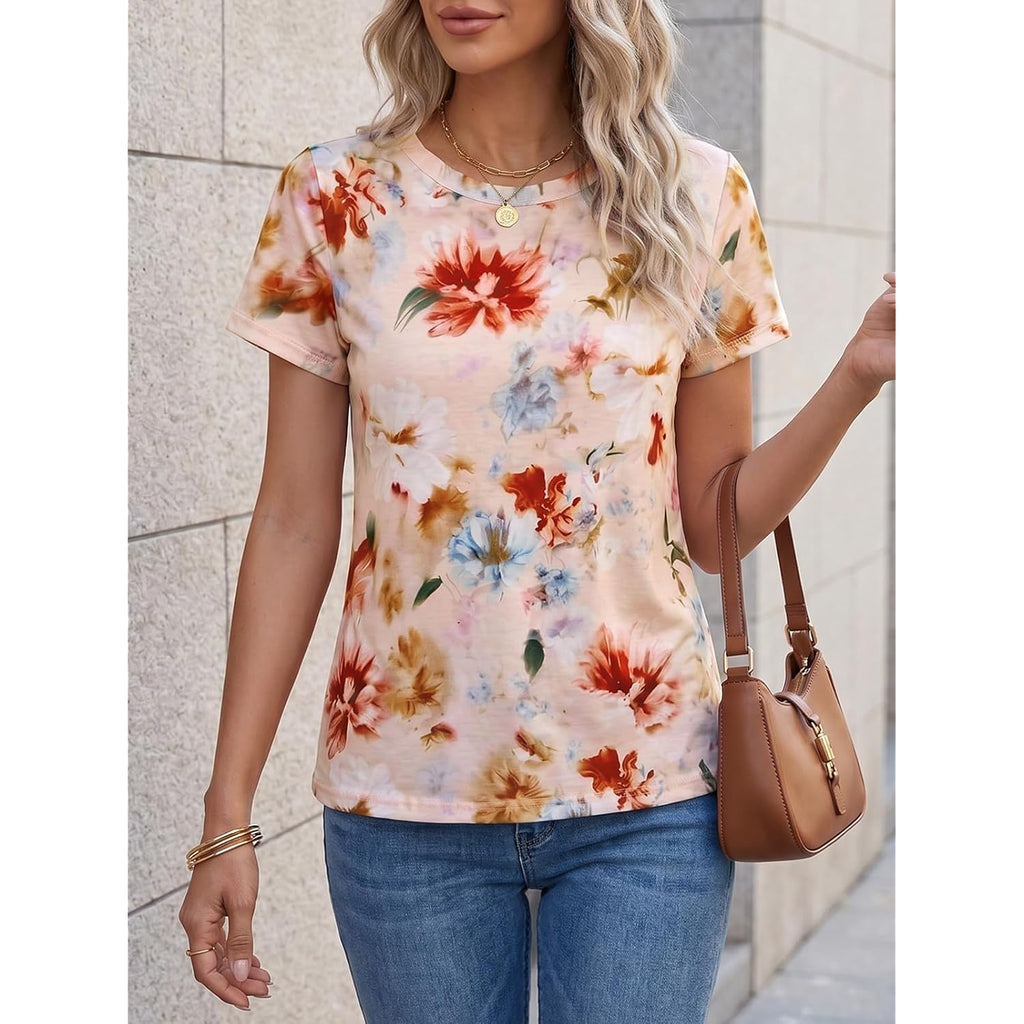 Cicy Bell Womens Summer Floral T-Shirts Short Sleeve Crew Neck Trendy Casual Tops Loose Fit Tees