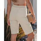 Bermuda Shorts for Women Knee Length Pull On Elasitc Waist High Rise Fold Hem Casual Summer Chino Cargo Shorts