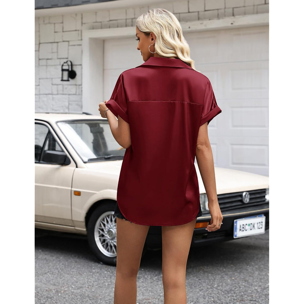 Zeagoo Womens Satin Blouse Short Sleeve Silk Tops Button Down Shirts Business Casual Outfits