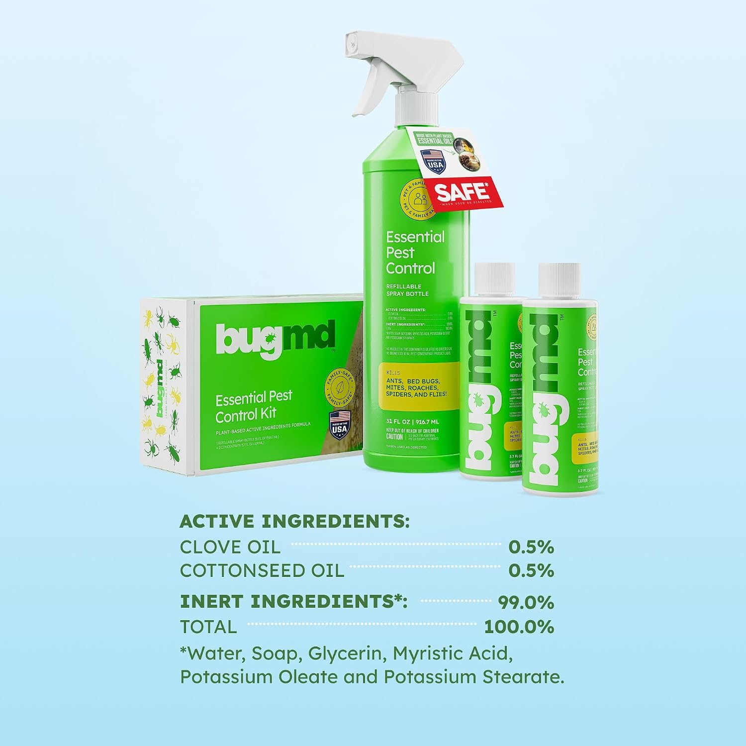 Bugmd Bed Bug Spray, Roach & Ant Killer, Indoor Cockroach Treatment, Pet Safe Plant-Based Pest Control For Home, Kills Spiders Fleas Mites, 64 Oz Kit