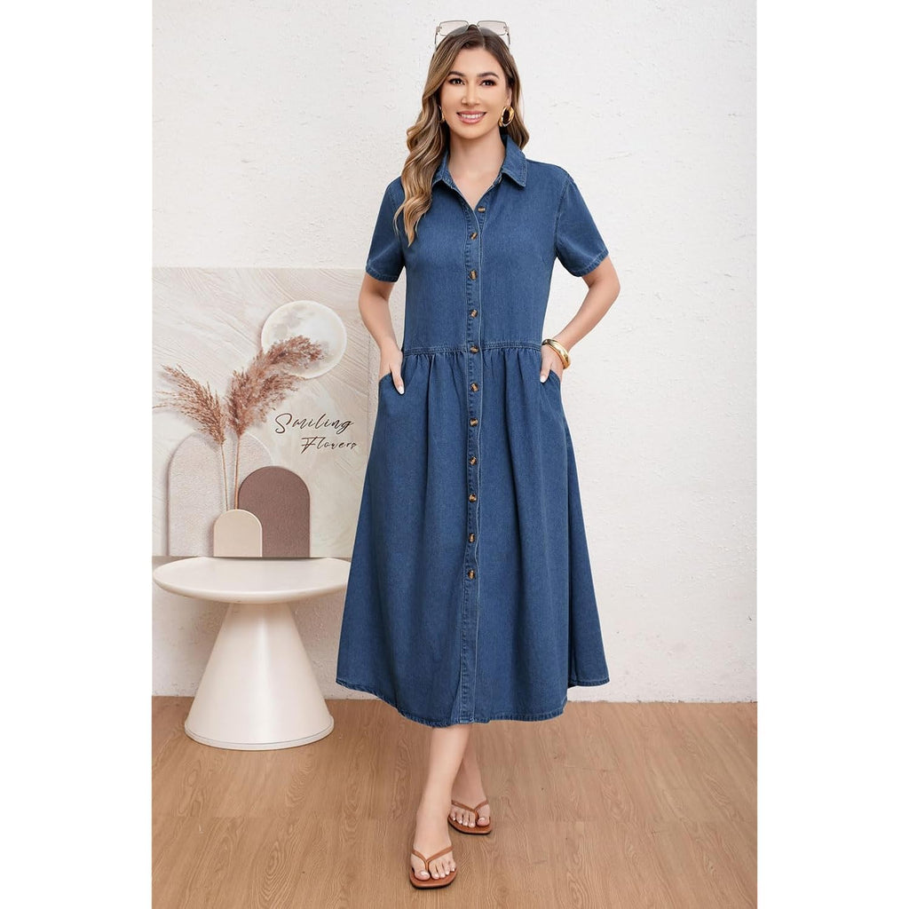 Utcoco Womens Denim Dress Lapel Short Sleeve Frayed Hem Jean Dresses Oversized Button Down A Line Shirt Dress