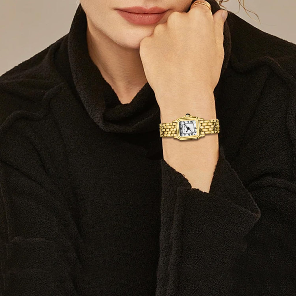 Cheetah Gold Watches For Women With Small Vintage Bracelet, Rectangular Case Roman Dial