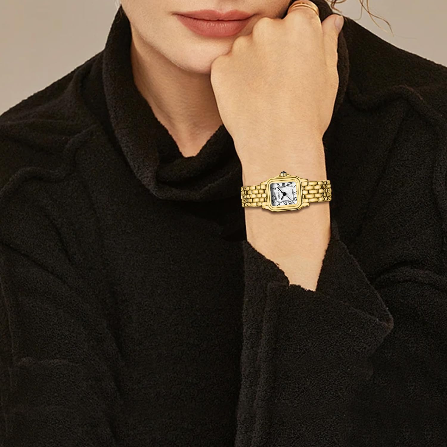 Cheetah Gold Watches For Women With Small Vintage Bracelet, Rectangular Case Roman Dial