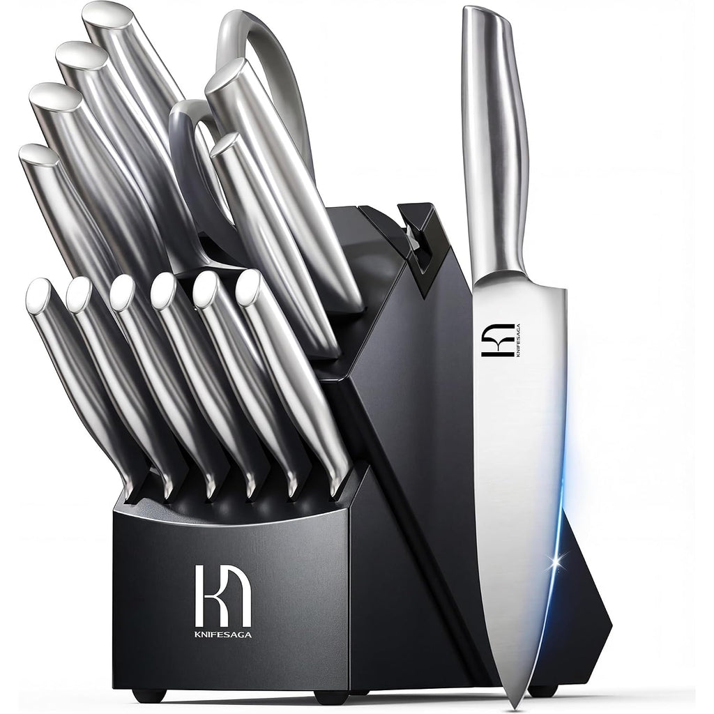 Knifesaga Knife Set Premium, Kitchen Knife Block Set 14 Pcs Japanese High Carbon Stainless Steel Enduring Razor Sharp, Black Chef Knives Set For Kitchen With Built-In Sharpener And Acacia Wood Block