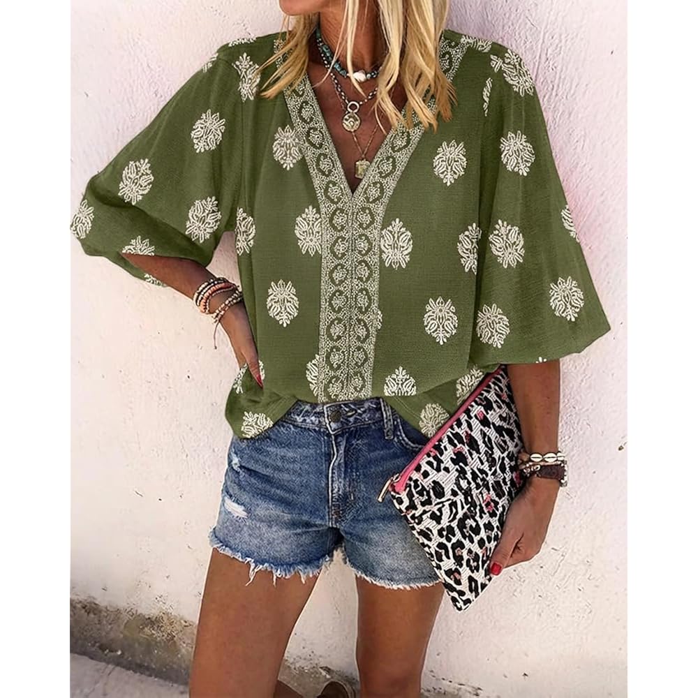 CHICME Women's Casual V Neck Blouse Floral Boho Summer Tops Lantern Sleeve Loose Fit Tunics Flowy Vacation Clothes