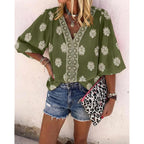 CHICME Women's Casual V Neck Blouse Floral Boho Summer Tops Lantern Sleeve Loose Fit Tunics Flowy Vacation Clothes