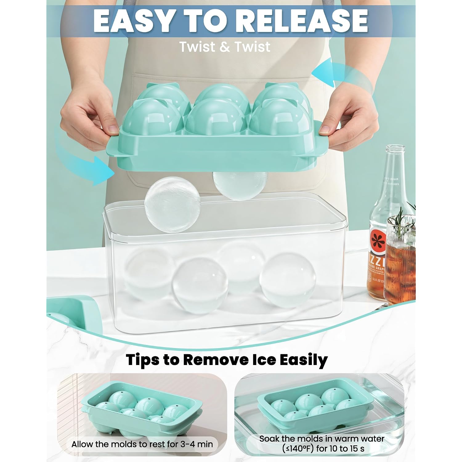 Large Ice Cube Tray For Freezer - 2 Pack Stackable Round Ice Cube Molds Set, Easy To Fill & Release With Storage Bin And Tongs For Kitchen, Party, Cocktail & Coffee, Gifts For Whiskey Lover (1.93In)