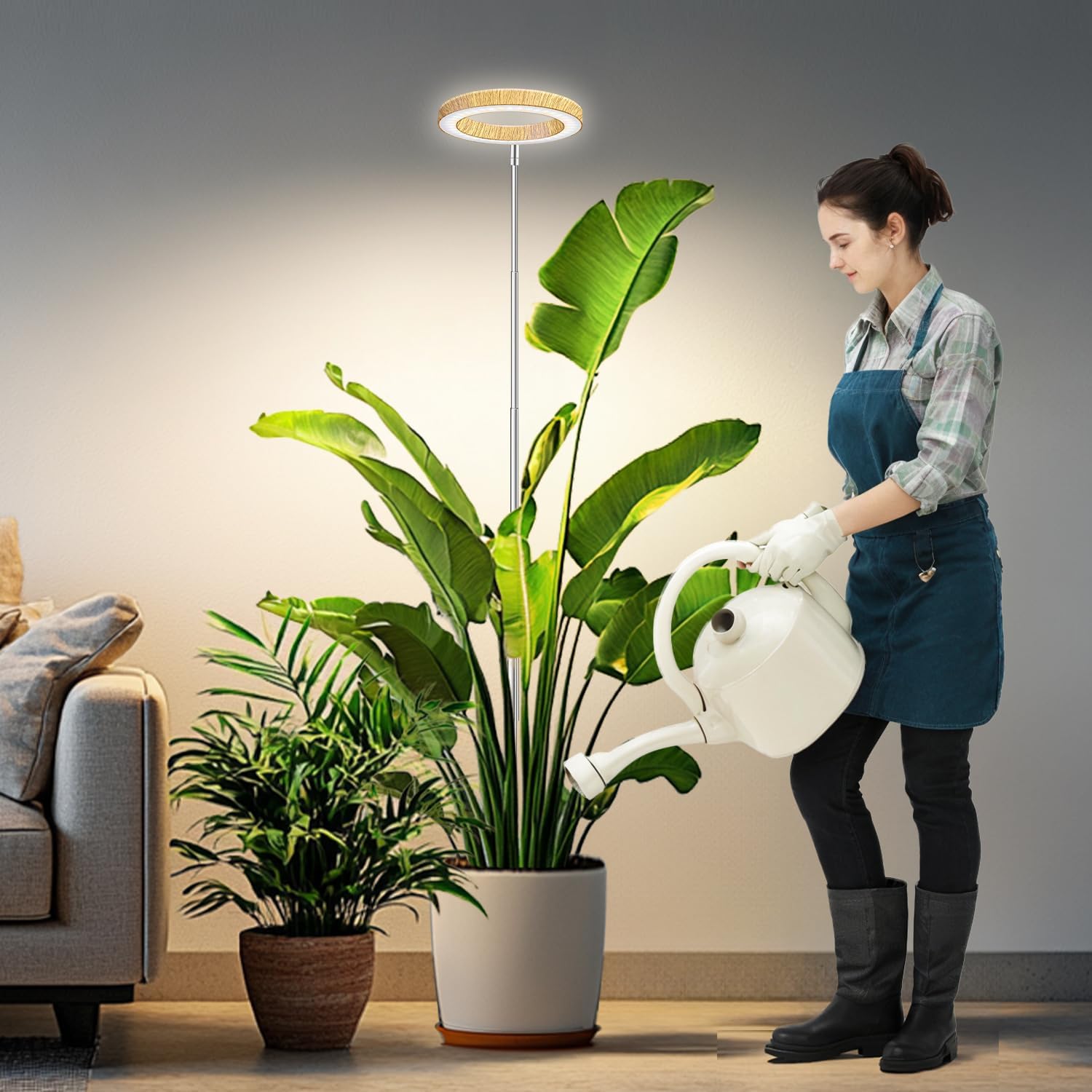 6.3In Grow Lights For Indoor Plants, Full Spectrum Plant Light | Wood Grain Grow Lamp For Tall Plants, Auto Timer & Dimmable Setting, 10-60In Height Adjustable, Stylish Indoor Garden Decor