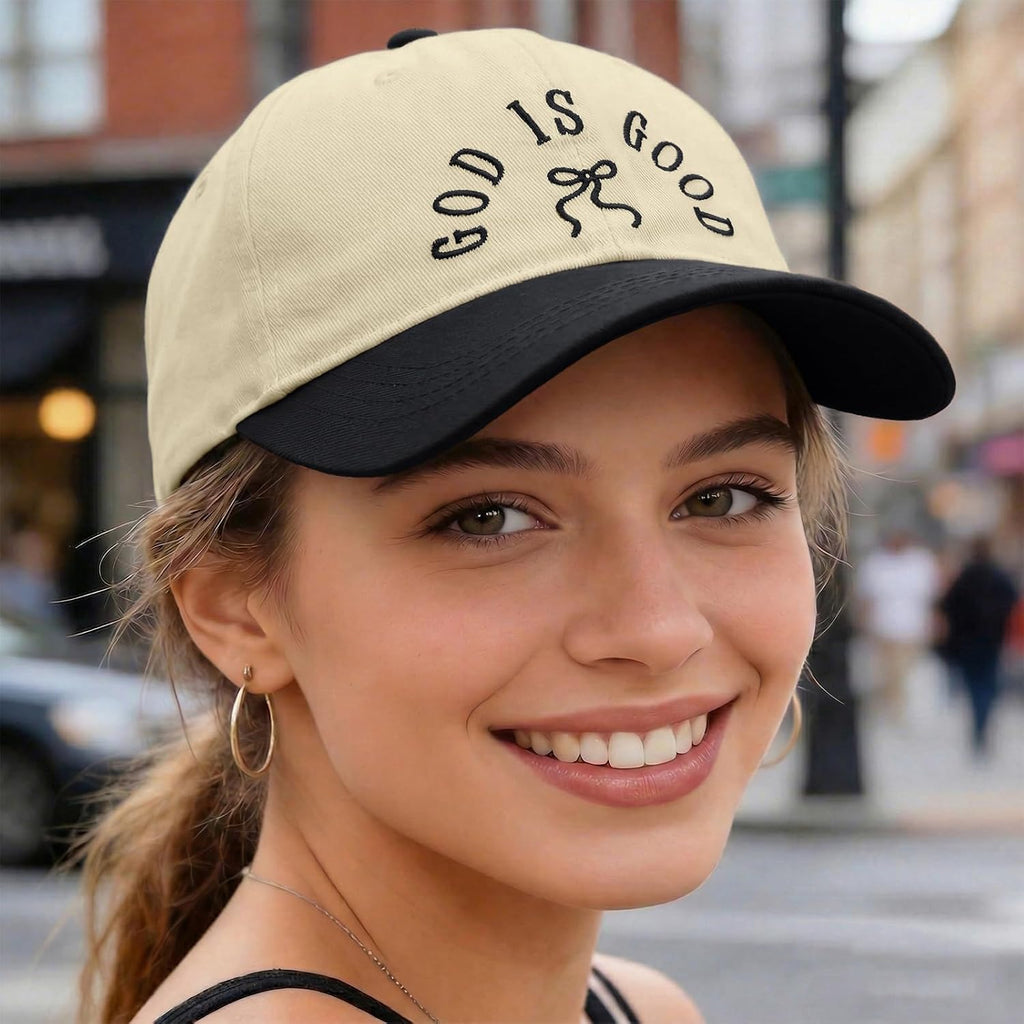 God is Good Christian Bow Hat Women Jesus Faith Religious Hats Embroidered Adjustable Cotton Baseball Cap White Black