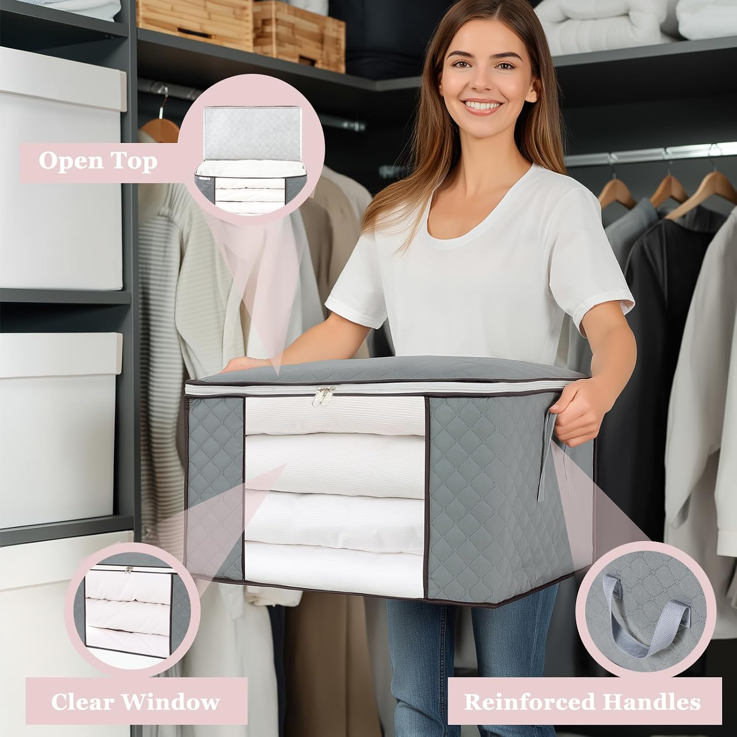 Comforter Storage Bag, Zippered Bag With Large Clear Window And Carry Handles, Space Saver Organizers For Closet, Blanket, Pillow, Quilt, Bedding, Clothes (2Pcs Grey Large)
