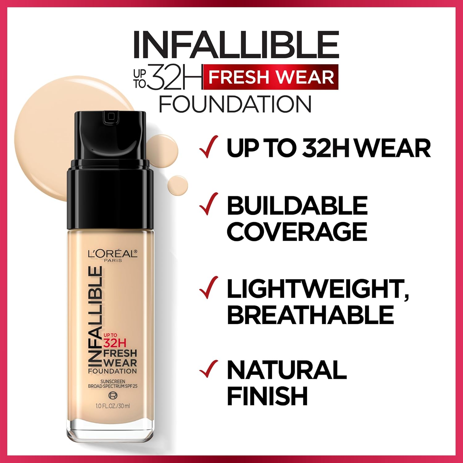 L'Oreal Paris Makeup Infallible Up to 32 Hour Fresh Wear Lightweight Foundation, 460 Golden Beige, 1 Fl Oz, Packaging May Vary
