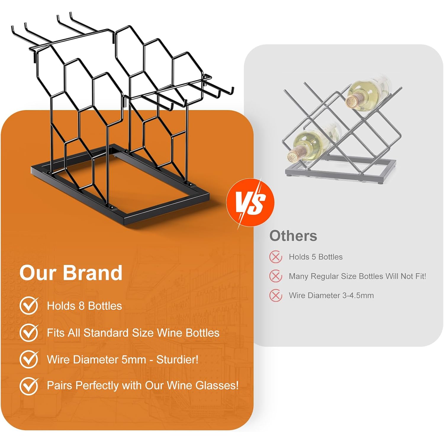 B4Life Countertop Wine Rack, Wine Rack With Glass Holder 8 Bottles | Freestanding Small Liquor Holder Metal, Tabletop Bottle Storage Stand For For Home, Kitchen, Bar, Cellar