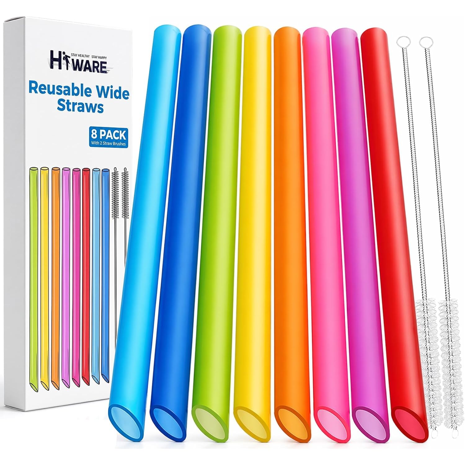 [Angled Tips] 8 Pcs Reusable Jumbo Wide Boba Straws & Smoothie Straws, Multi Colors Reusable Straw, Bpa Free Food-Grade Tritan Plastic Straw For Bubble Tea(Tapioca Boba Pearls) Milkshakes W/ 2 Brushes