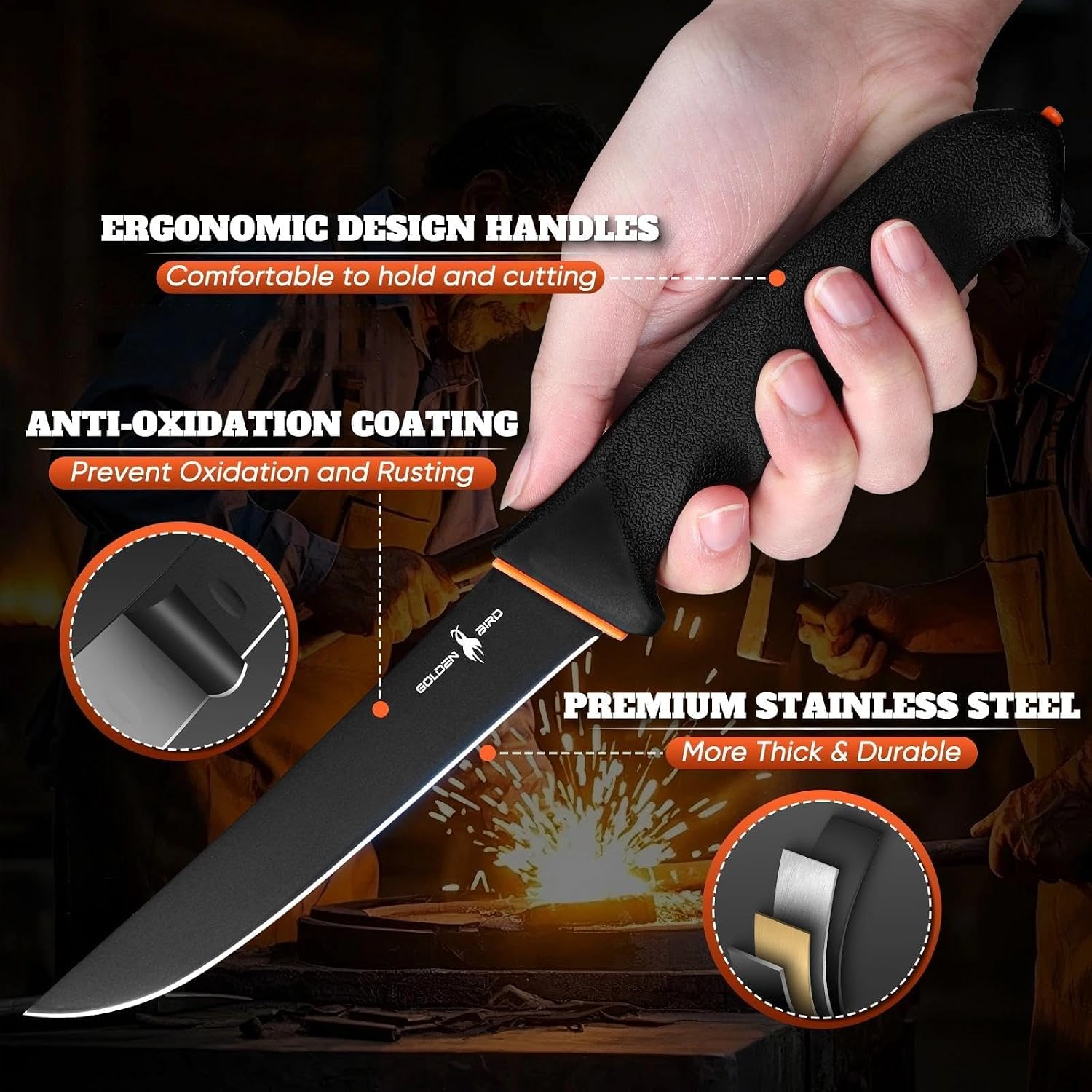 Butcher Knife Set - Non-Slip Skinning Knife Set With Roll Bag, Professional Game Processing Knives Sets - Butcher & Skinning Boning Knives With German Stainless Steel, Gift For Men
