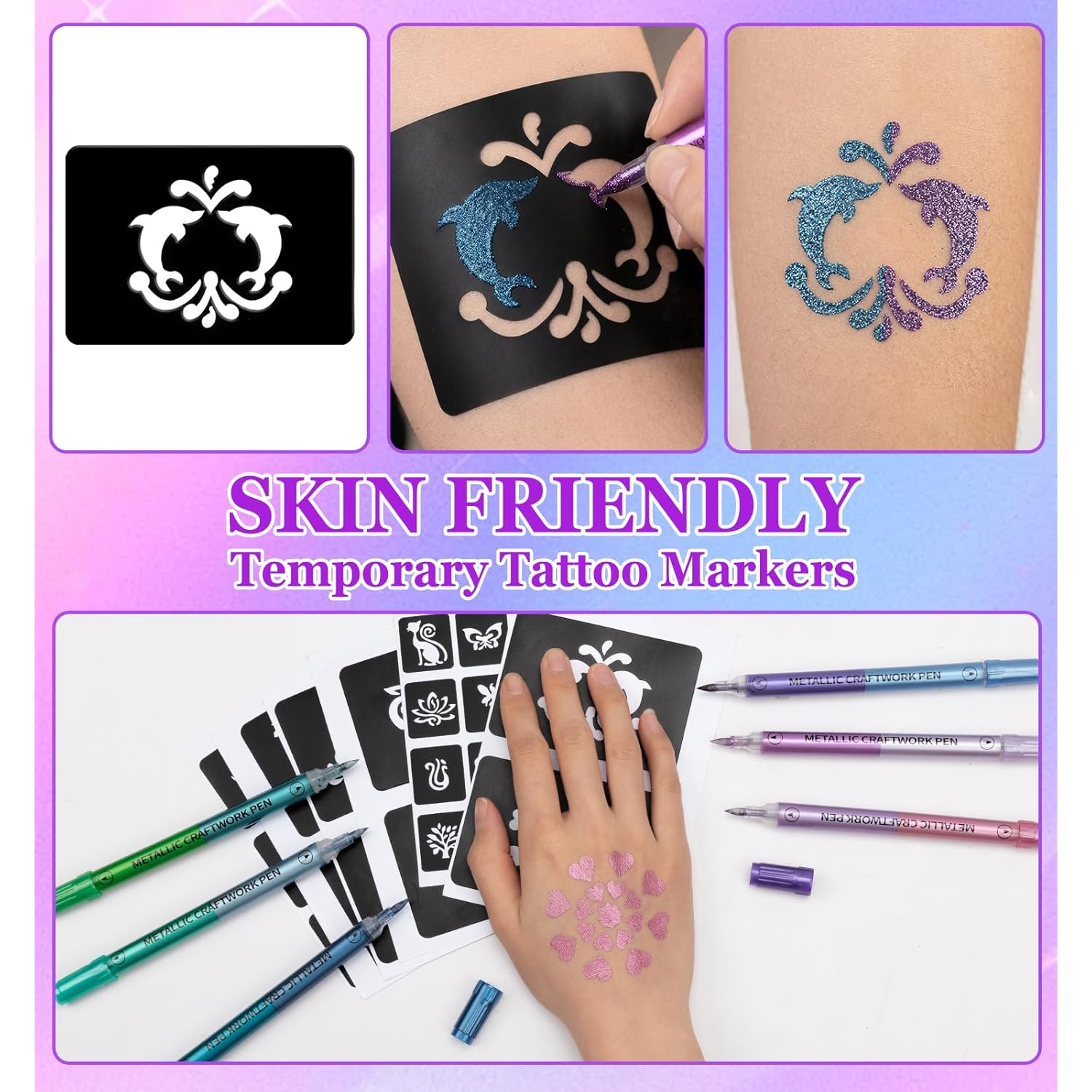 Temporary Tattoo Markers for Skin, 24 Colors (Two Colors Per Pen), 12 Dual Tip Body Markers + 95 Tattoo Stencils, Flexible Brush Tip, Skin-Safe, Cosmetic-Grade for Kids & Adults