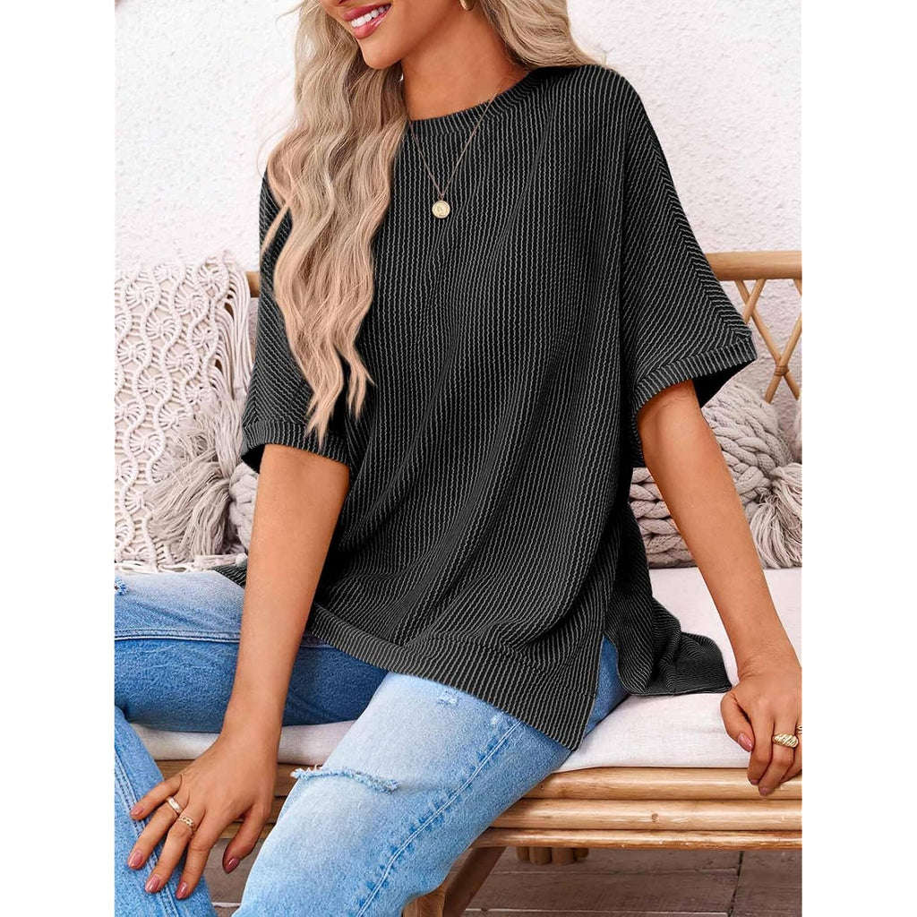 Tankaneo Womens Oversized T Shirts Summer Casual Ribbed Batwing Short Sleeve Tunic Tops Loose Fit Dolman Sleeve Tees
