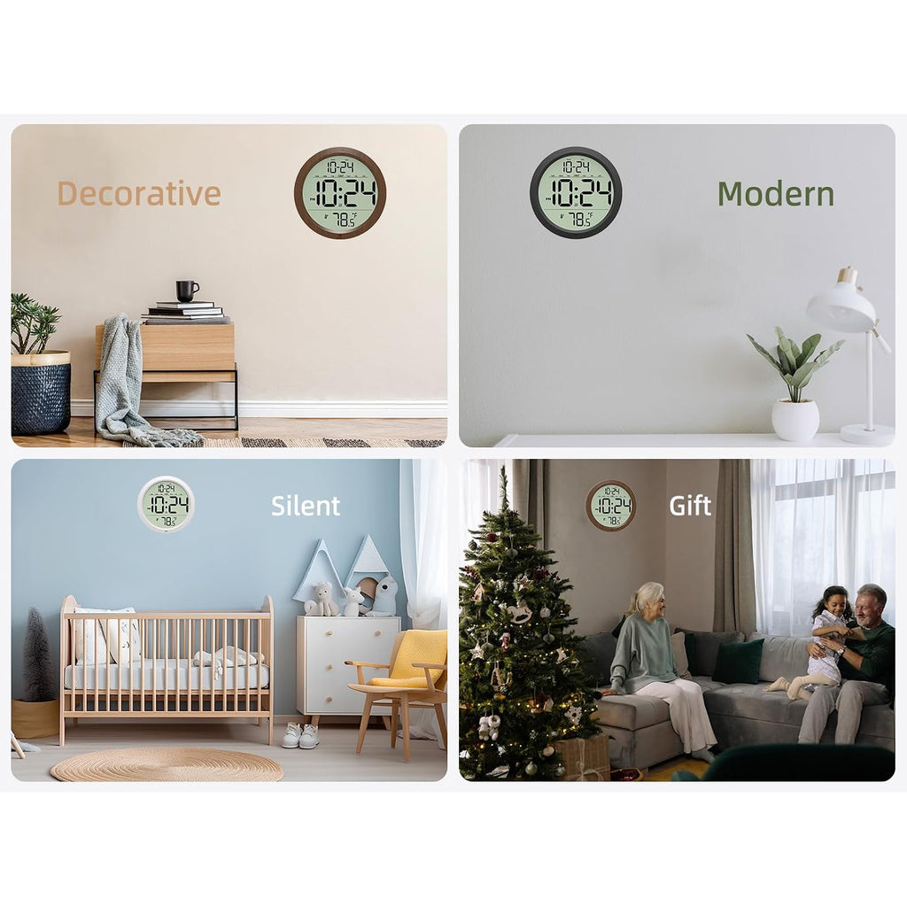Digital Wall Clock Battery-Operated, 8 Inch Small Decorative Modern Wall Clock With Date, Temperature, Auto-Dst, Silent Electric Wall Clock For Bedroom, Living Room, Kitchen, Office, Farmhouse -Black