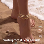 DEARMAY 14K Gold Plated Ankle Bracelets Set for Women Waterproof, Anklets for Women Cuban Link Layered Pack Jewelry Gift
