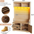 Maupvit 67" Tall Modern Boho Hall Tree With Bench And Shoe Storage, Entryway Fluted Hall Tree, Mudroom Bench With Flip Drawers, 4 Hooks, Adjustable Led Light For Garage, Living Room, Oak