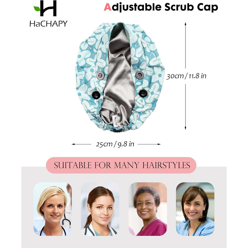 Satin Lined Bouffant Scrub Nurse Cap with 4 Buttons and Sweatband Adjustable Sky White