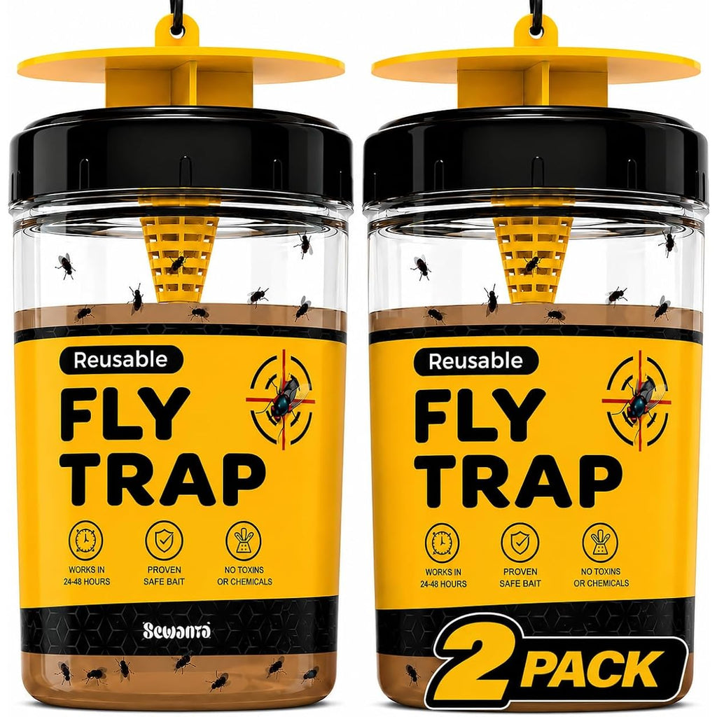 Outdoor Fly Trap [Set Of 2] Fly Traps With Dissolvable Non-Toxic Bait - Fly Repellent For Outdoor Use Only - Controls Flies For Patios, Barns, Ranches Etc. Hanging Fly Traps With Tie Included