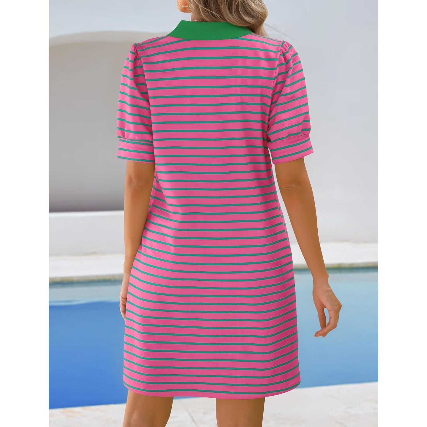 Zesica Womens Summer Striped T Shirt Mini Dresses 2026 Casual Lapel V Neck Short Sleeve Flowy A Line Beach Vacation Dress