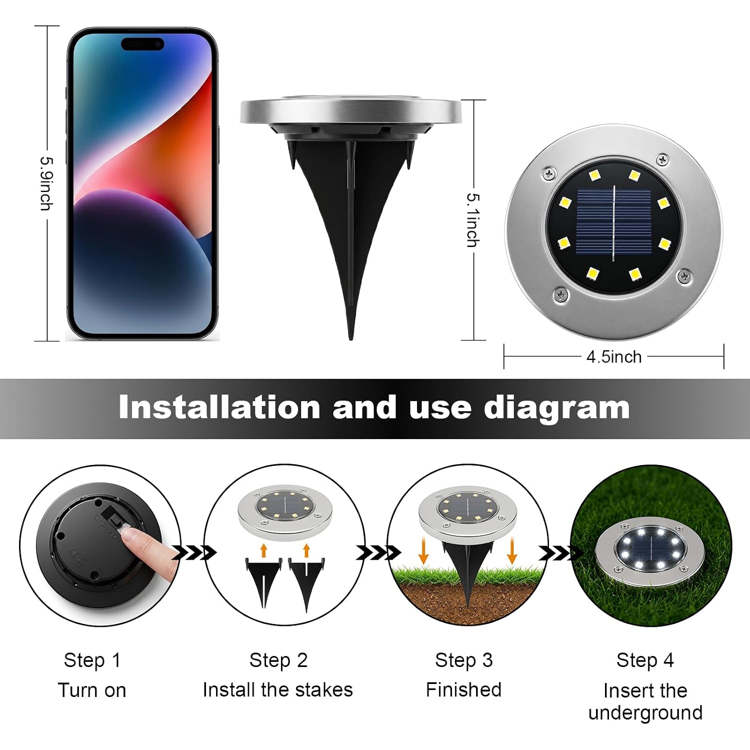 4.6Inch Solar Ground Lights 12Packs, Garden Solar Outdoor Waterproof Pathway Bright In-Ground Landscape Lights For Patio, Lawn, Yard, Driveway, Step And Walkway(White Light)